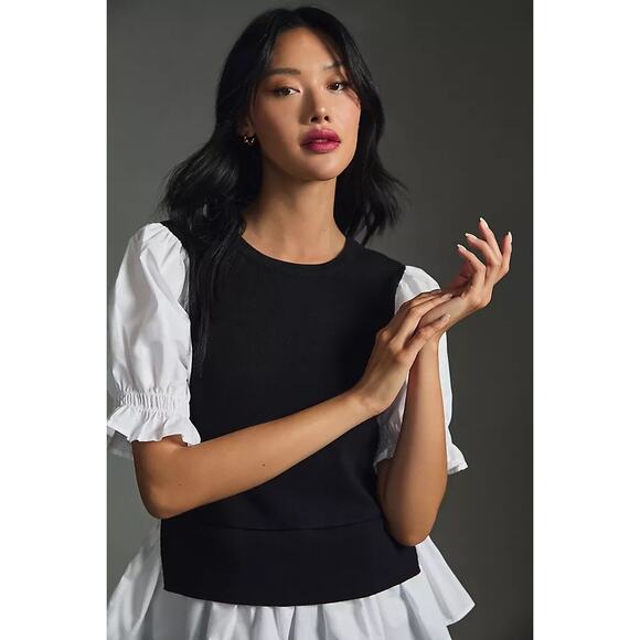 Anthropologie Layered Puff Sleeve Peplum Top XL Black White Preppy Chic - Picture 3 of 9